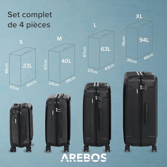 Set De 4 Valises Rigides AREBOS - ABS, Roues 360°, Tailles S-M-L-XL, Rouge, EAN 4252023116817