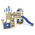 WICKEY Aire de jeux Portique bois StormFlyer avec balançoire et toboggan bleu Cabane enfant extérieure avec bac à sable-0