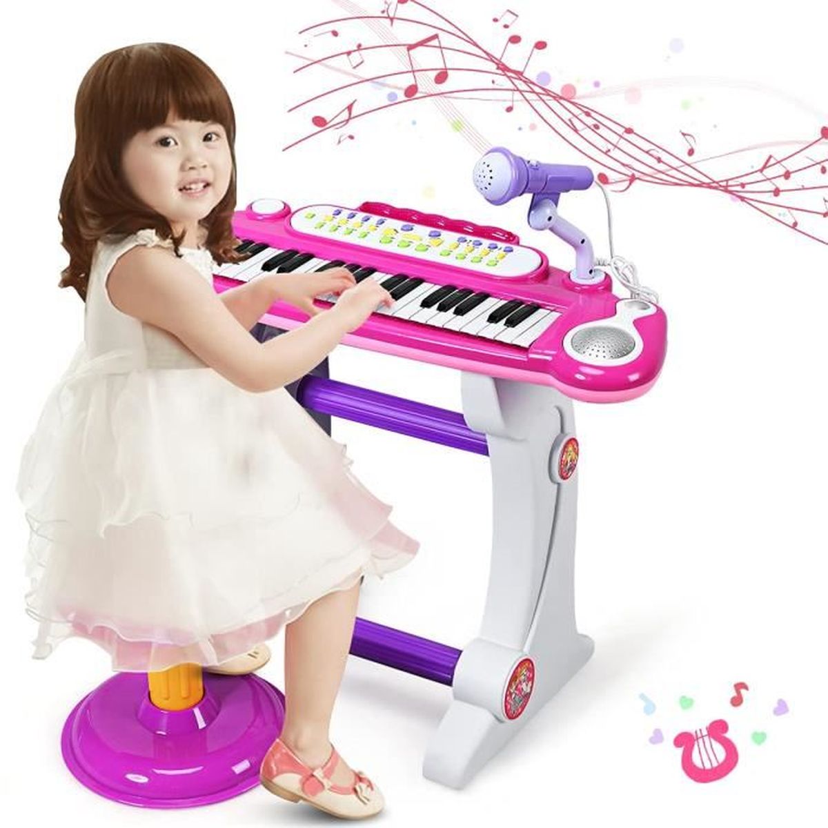 DREAMADE Jouet Piano Electronique ?� 37 Touches avec Tabouret, Microphone, Lumi?�res, 8 Tonalit?�s 