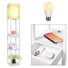 PULUOMIS Lampadaire salon sur pied en bois avec 3 étagères + ampoule + tiroir + ports de charge USB blanc 1.6m