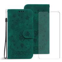 Verre trempé+Etui pour Xiaomi Redmi Note 13 5G,Fentes Cartes Housse Antichoc Cuir PU Portefeuille Etui-Papillons verts et roses