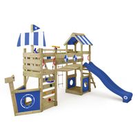 WICKEY Aire de jeux Portique bois StormFlyer avec balançoire et toboggan bleu Cabane enfant extérieure avec bac à sable