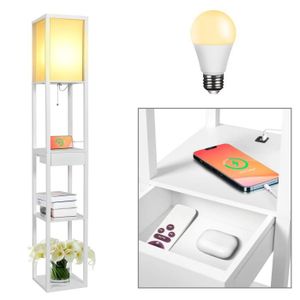 LAMPADAIRE Lampadaire salon sur pied en bois avec 3 étagères + ampoule + tiroir + ports de charge USB blanc 1.6m 