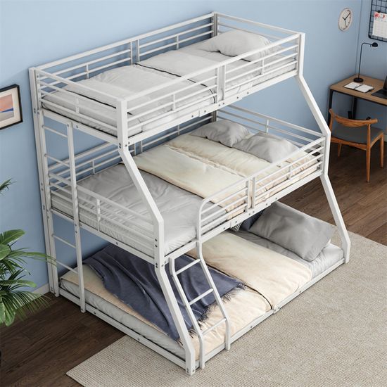 Lit Superposé Triple 90x200 Cm - Cadre En Fer Avec Sommier à Lattes - Pour Enfants, Ados, Adultes - Capacité 120 Kg Par Lit - Blanc/métal - 6