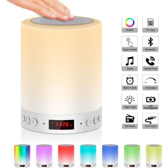 5 EN 1 LED Lampe de Chevet Tacile Rechargeable Portable, Lampe de Table Enceinte Bluetooth Musique USB FM Radio Réveil Numérique