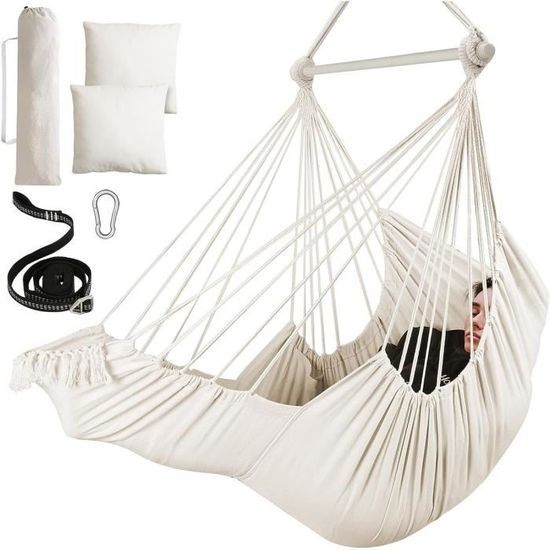 Hamac Siège Suspendu Avec 2 Coussins Et Barre En Bois - Chaise Hamac Jusqu'à 120 Kg Pour Jardin, Balcon Et Intérieur