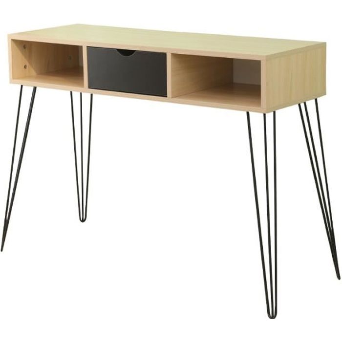 Meuble Console tiroir + 2 étagères - Design industriel - 4 pieds épingle forme trombone en métal - Coloris Bois