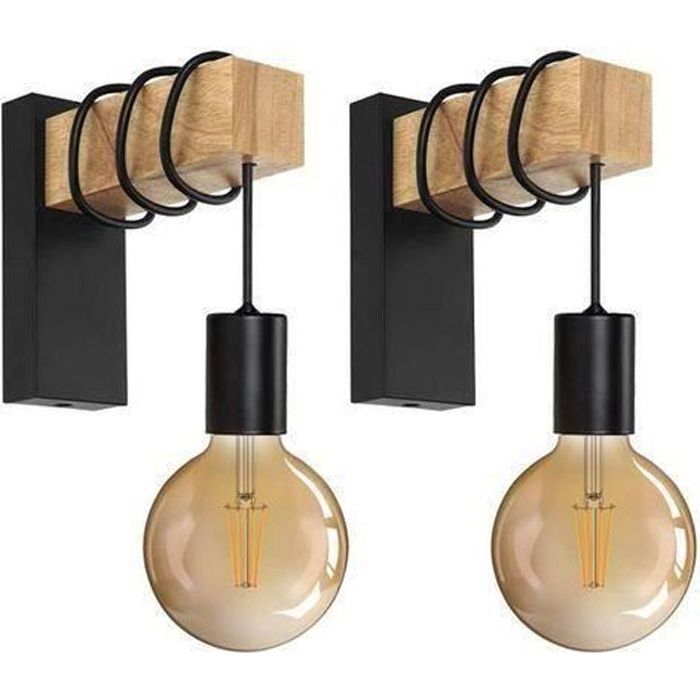 COUSIN® Applique Murale Interieur Vintage Rétro Bois et Métal E27 Décoration pour le Couloir Maison Bar Chambre Salon, Noir