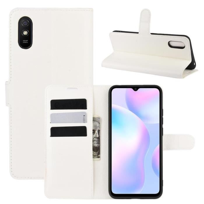 Coque Xiaomi Redmi 9A, Blanc Cuir Litchi Silicone Coque Folio Bumper Protection avec Stand et Porte-cartes