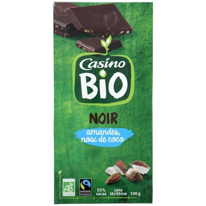 CASINO Chocolat noir Amand et Noix de Coco Bio - 100G