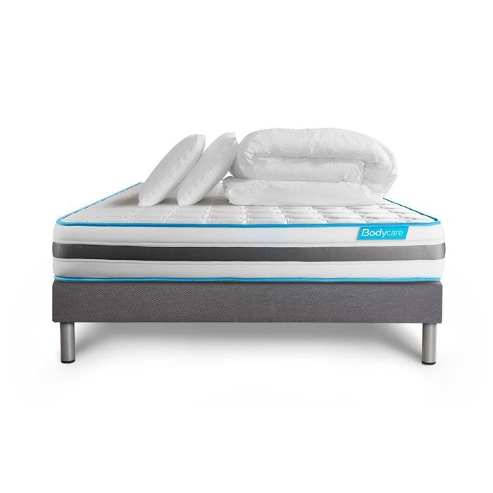 Ensemble sommier matelas 180x200 BodyFlex - 26 cm - Confort Equilibré + 2 oreillers + couette - sommier kit gris