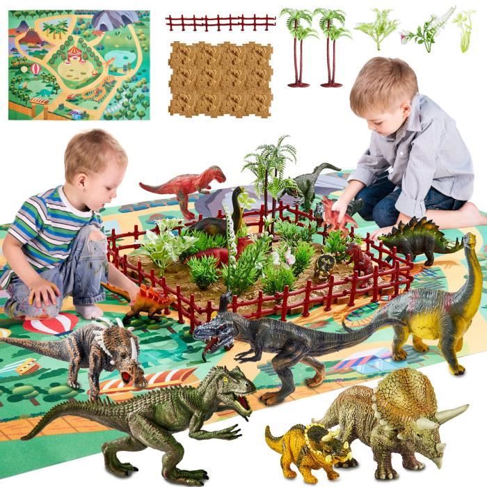 Dinosaure Jouet 58pcs avec Tapis de Jeu, Boite Figurines de Dinosaures Réaliste Cadeau Éducatif pour Enfant