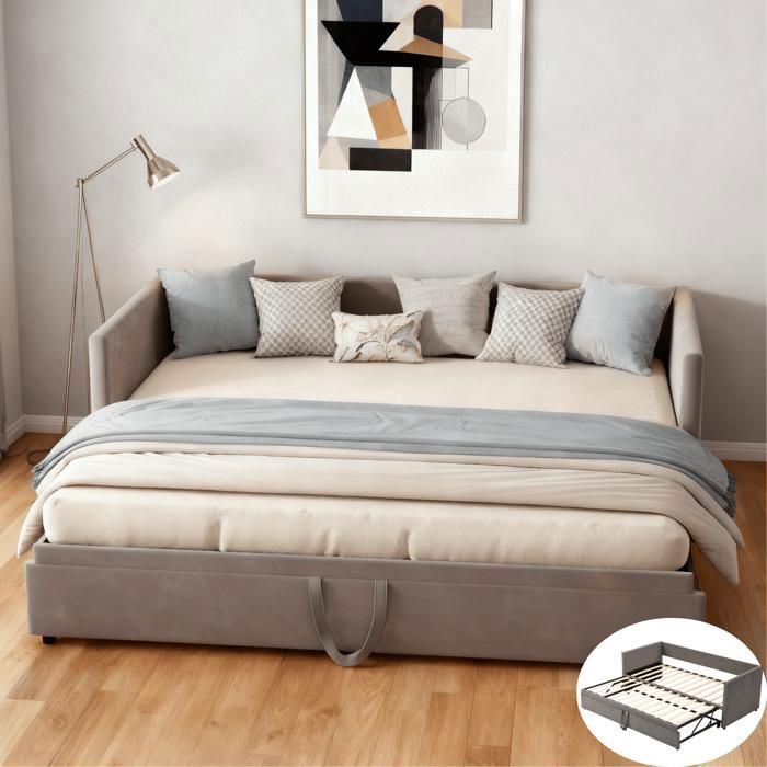 Canapé-lit gigogne 2 places convertible 90/180x200 cm — velours gris sommier à lattes tiroirs