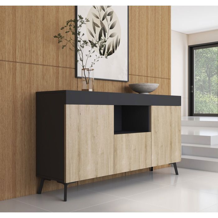 Design Ameublement - Buffet Bahut KAI - 3 portes - Noir et Sonoma - 130x70x325cm