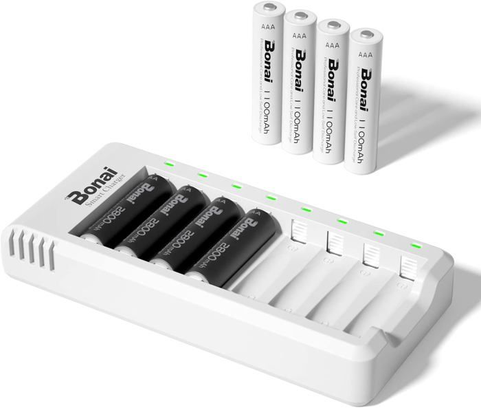 Chargeur De Piles BONAI 8 Slots - Avec 8 Piles AAA 1100mAh Ni-MH - Charge USB Rapide - Protection Intelligente