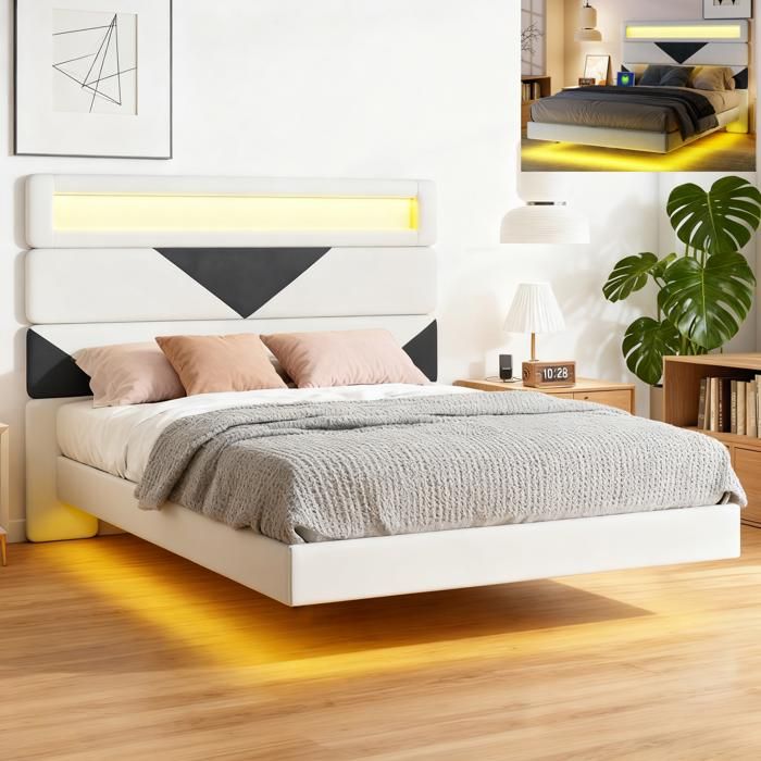 Lit Flottant 140x190 Cm Avec LEDs Et Ports USB - Tête De Lit Rembourrée Réglable, Velours, Sommier Lattes - 2