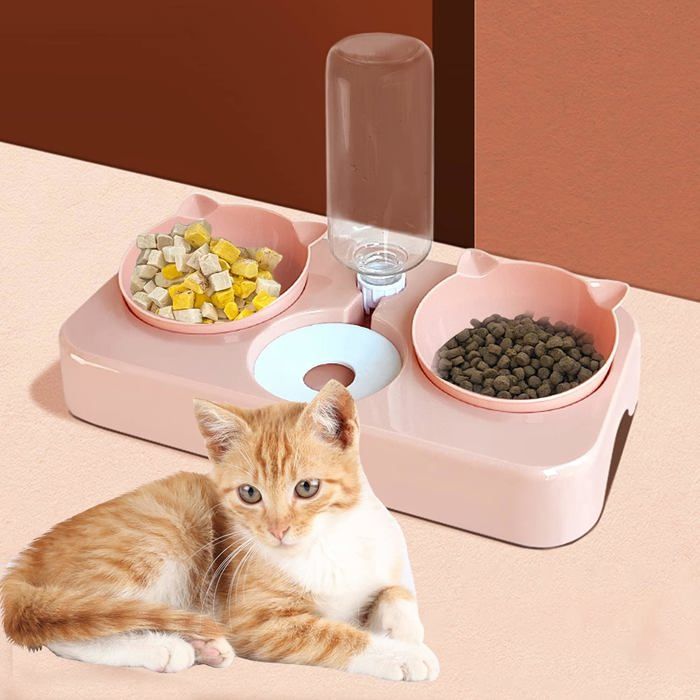 Comparer les prix de Gamelle Chat 3 en 1 Inclinable, Distributeur d'Eau Automatique, Protection Cou