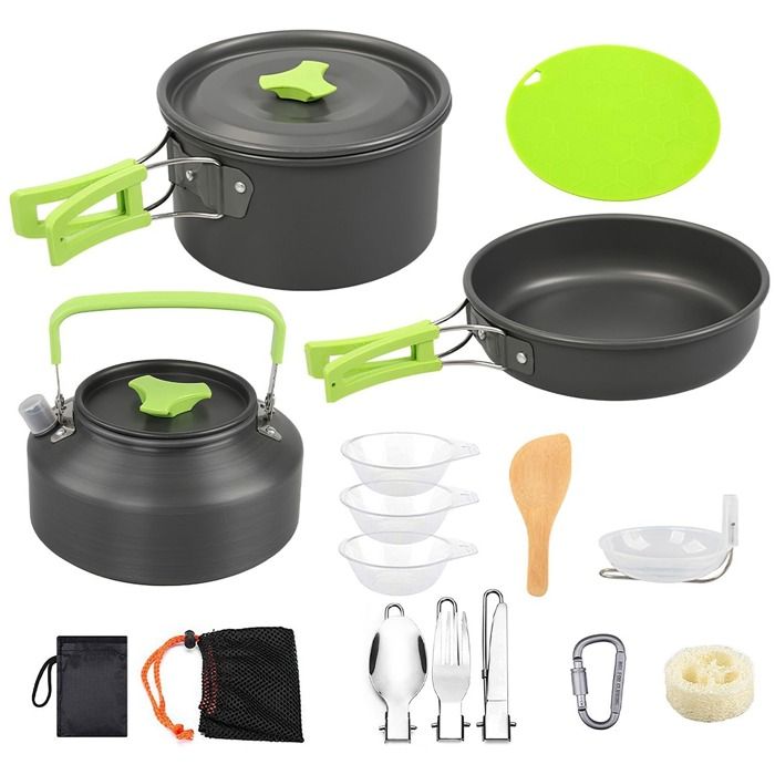 Set de Cuisine de Camping 16 Pièces – Casserole Poêle Bouilloire Ustensilespour Randonnée Pique-Nique et Activités en Plein