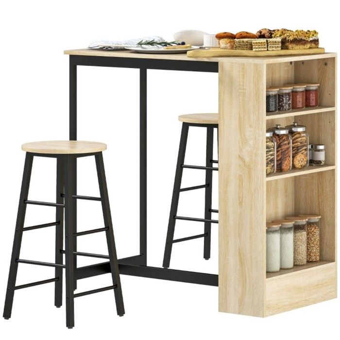Table A Manger Avec Chaises Ensemble table de bar 3 pièces moderne : table + 2 tabourets + rangement acier & chêne compact