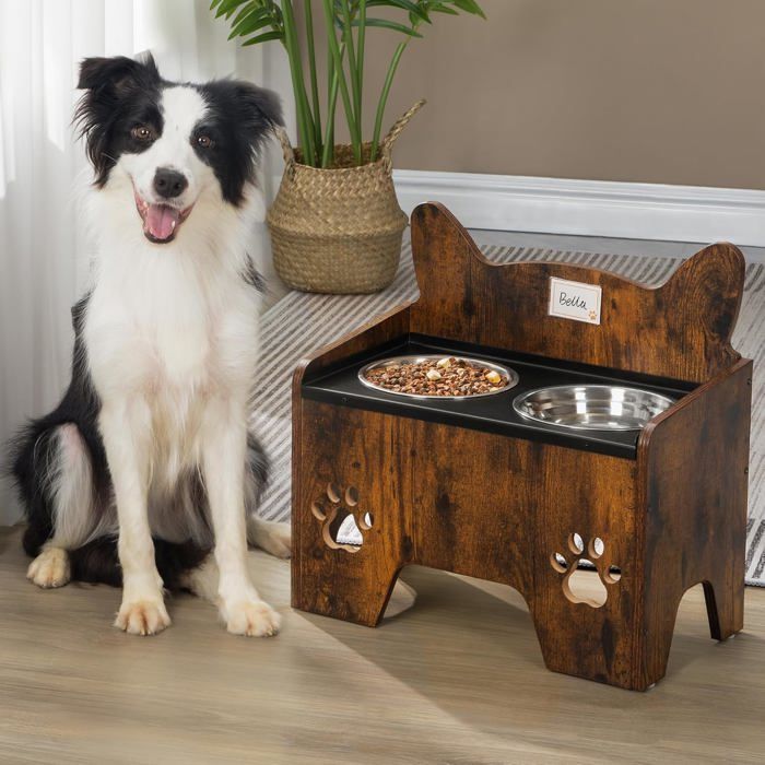 Comparer les prix de Gamelles Surélevées pour Chien Support de Gamelle pour Chien avec 2 Gamelles en Acier Inoxydable  Marron Rustique et Noir