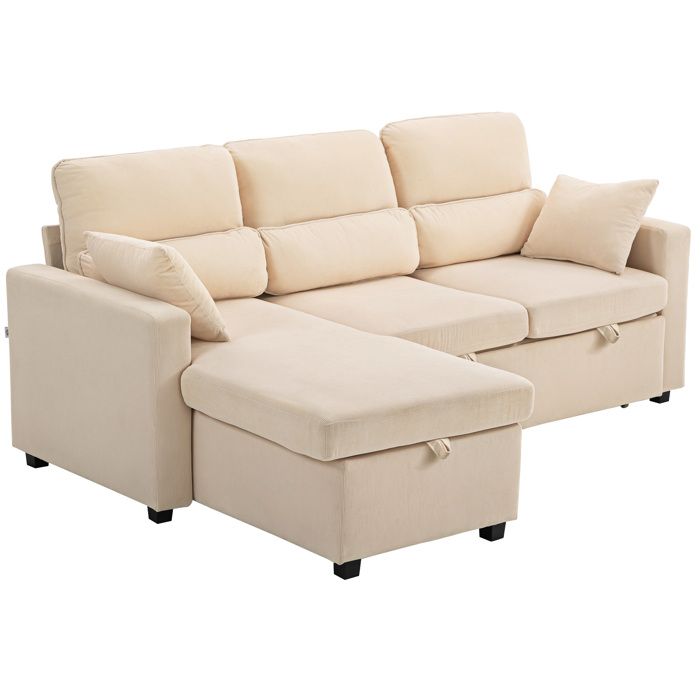 Canapé dangle convertible - HOMCOM - 3 places - chaise longue rangement caché coussins - velours côtelé - 205x135x76cm - beige