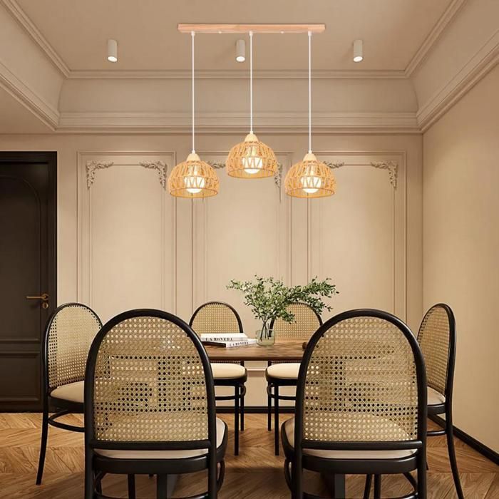 Lustre suspension - SMOTOP - 3 lampes E27 - Vintage industriel - Abat-jour rotin et bois