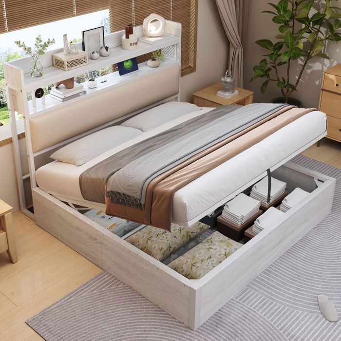 Lit Coffre 180x200 cm avec USB et Étagère Intégrée - Lit Rembourré - Design Vintage Bois et Métal Rangement Hydraulique Blanc