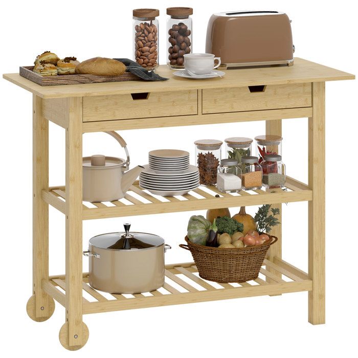 Desserte de cuisine - HOMCOM - à roulettes - 2 tiroirs 2 étagères et plan de travail - bambou - 100x43x75cm - bois naturel