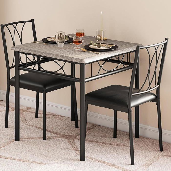 Table à manger 2 personnes noir Ensemble table et chaises de cuisine compacte en bois avec 2 chaises gris et noir