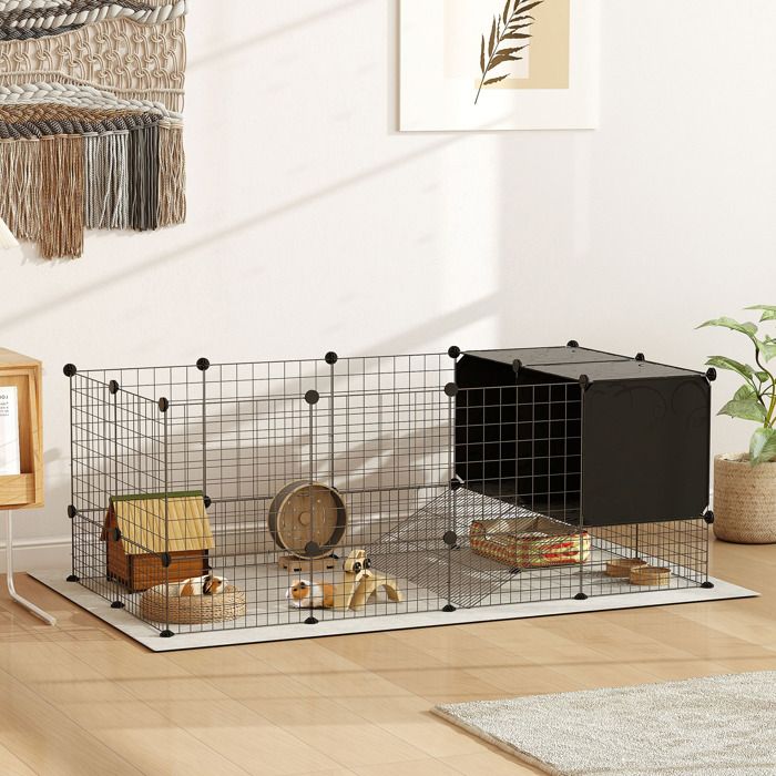 Enclos pour petits animaux cage à lapin modulable 31 panneaux avec niches surélevées en acier 140x70x52cm noir