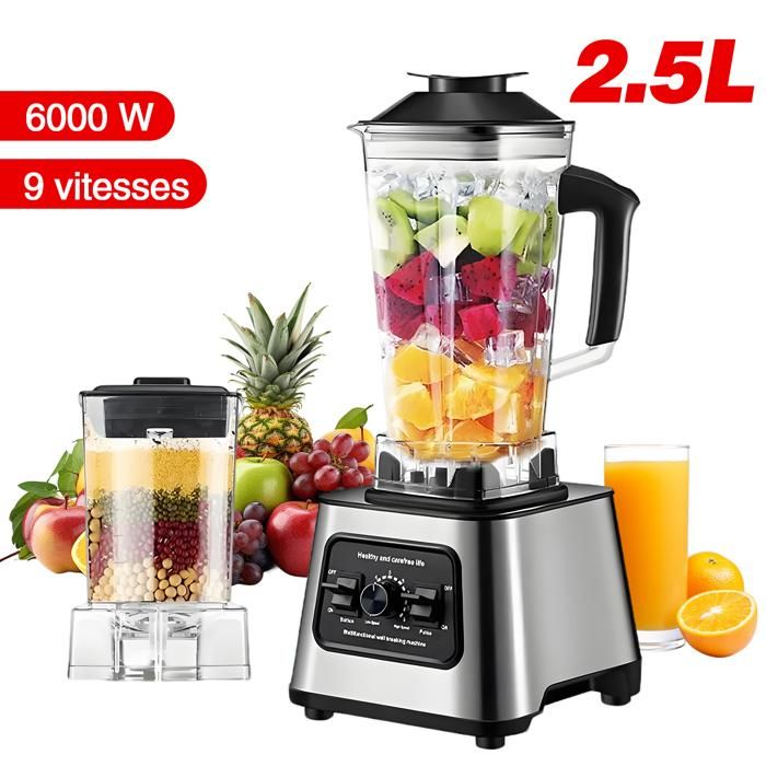Blender multifonction professionnel 2 en 1 - 6000 W - 9 vitesses - 2 5 L - 4 lames en acier inoxydable - Robot culinaire - 2700RPM
