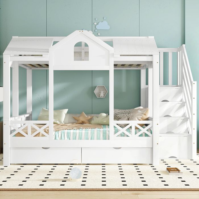 Lit superposé - KOMHTOM - Design Maison - 90x200 cm - Armoire-escalier 4 compart. - 2 tiroirs - Sommiers inclus Lit superposé - KOMHTOM - Design Maison - 90x200 cm - Armoire-escalier 4 compart. - 2 tiroirs - Sommiers inclus