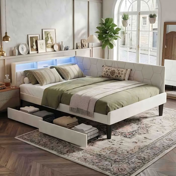 Lit Tiroirs 140x200cm - Tête de Lit avec Rangement & LED - USB/Type-C - Design Convertible - Velours Beige