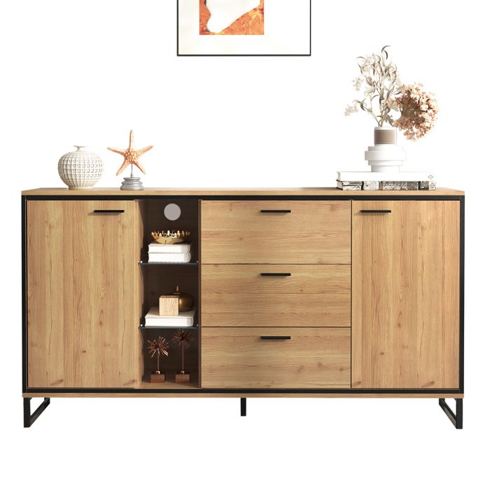 ULEVR buffet bas rectangulaire moderne 160 x 40 cm - LED 16 couleurs étagères réglables et rangements naturel
