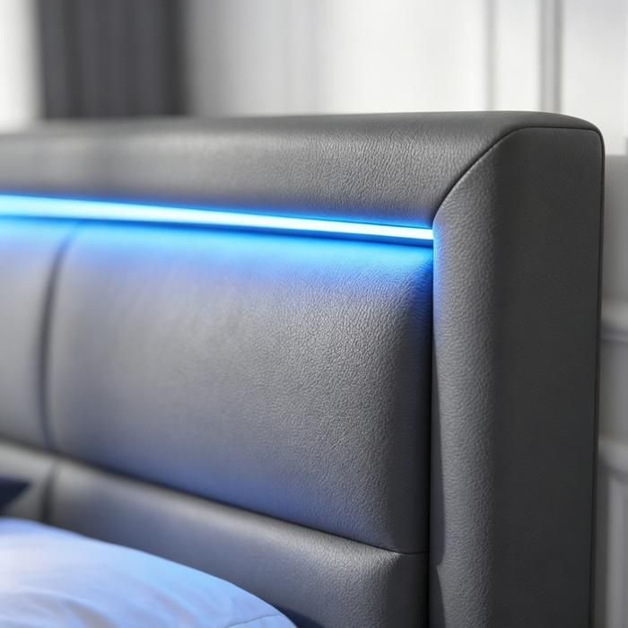 Lit rembourré 140x190 cm USB (sans fil+fil) LED rangement sans matelas PU lychee gris [3252956AAG]