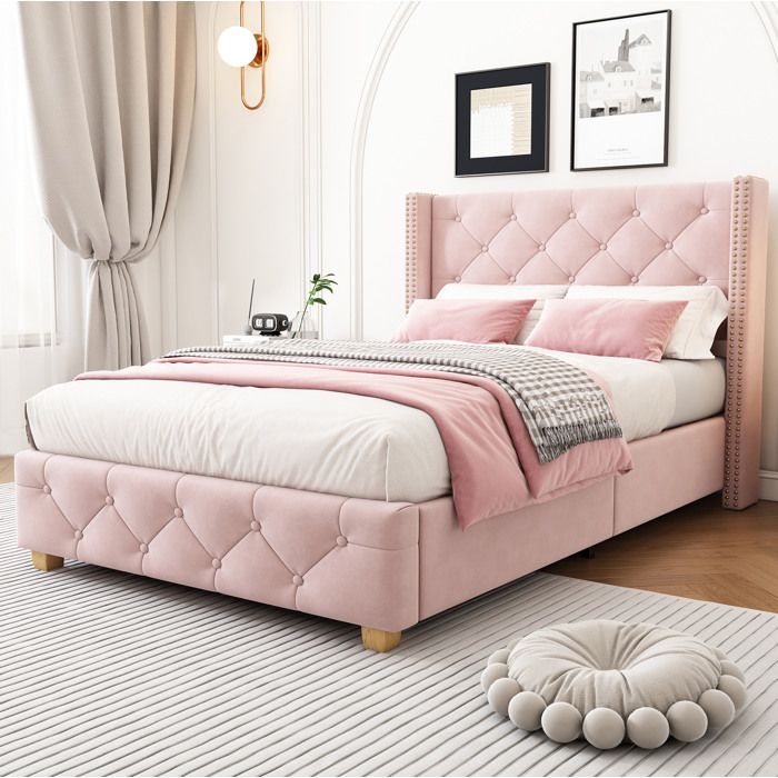 Lit capitonné 90 x 190 cm en velours rose tête de lit sommier à lattes pieds en bois clous décoratifs