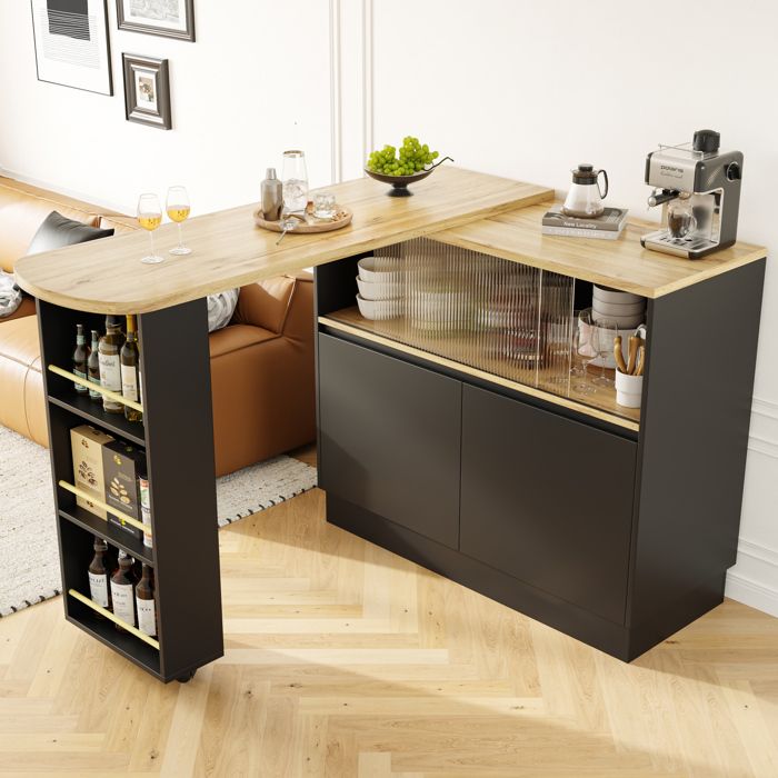 WOVREO îlot central rotatif 360° 120x45x100 cm meuble bar en MDF noir avec porte coulissante en verre