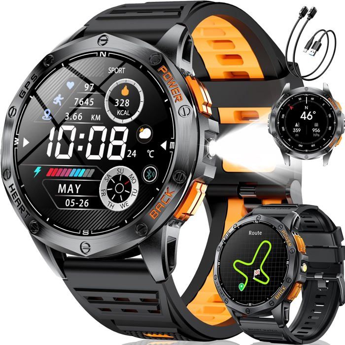 Montre Connectée Homme Gps Avec Boussole/BaromètreLampe TorcheÉcran Amoled 143Batterie 600Mah5AtmAppels BluetoothSuivi San