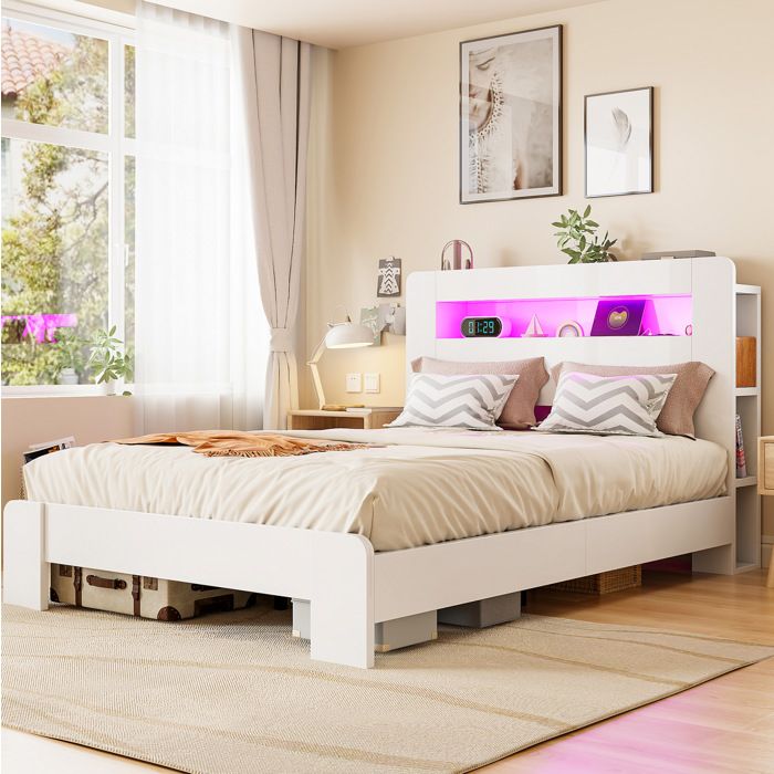 WOVREO cadre de lit 140 x 200 cm avec tête de lit rangement LED et prises intégrées bois blanc