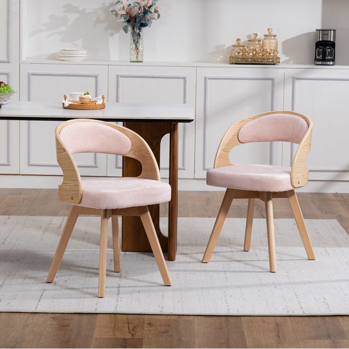 WOVREO Lot de 2 chaises de salle à manger pivotantes 360° tissu lin rose pieds en bois de hêtre