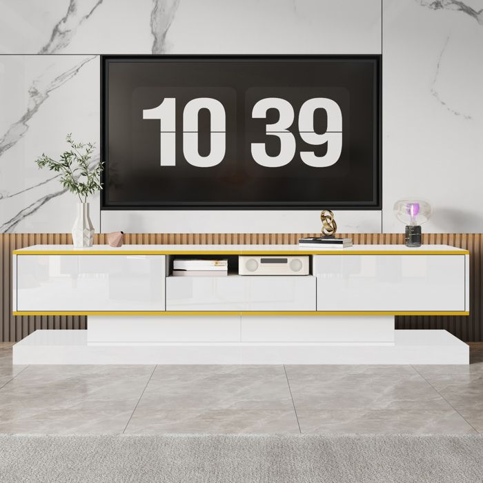 Meuble TV 3 Tiroirs et 1 Niche Ouverte avec LED - TCQPZ - Blanc Brillant et Décor Doré pour Salon 180×38×45 cm