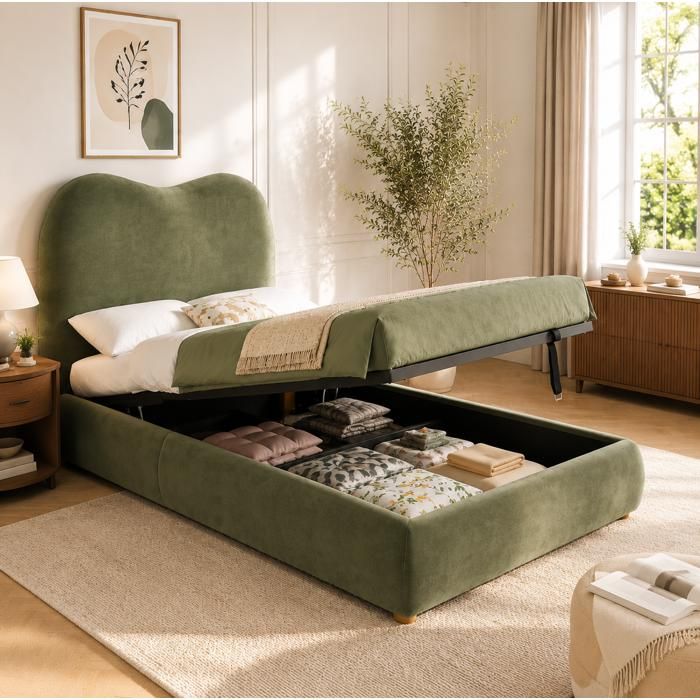 MEUBLIV Lit enfant 90 x 200 cm avec coffre hydraulique sommier à lattes inclus velours vert