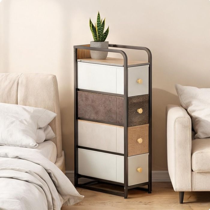 Commode 4 tiroirs en tissu non tissé et acier rangement gain de place 20 x 47 x 84 5 cm multicolore