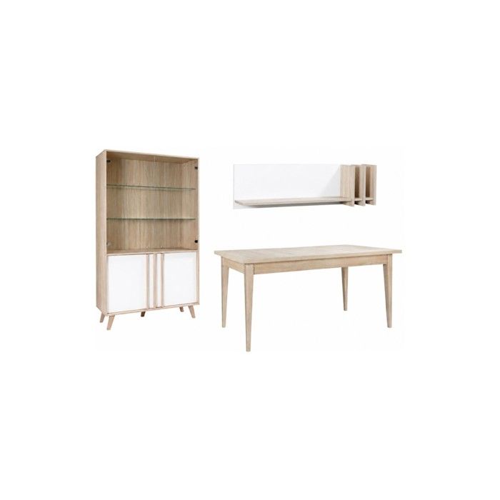 Salle à manger complète MALMO avec table 160 cm vitrine LED et étagère murale – Chêne clair et blanc – Style scandinave Salle à manger complète MALMO avec table 160 cm vitrine LED et étagère murale – Chêne clair et blanc – Style scandinave