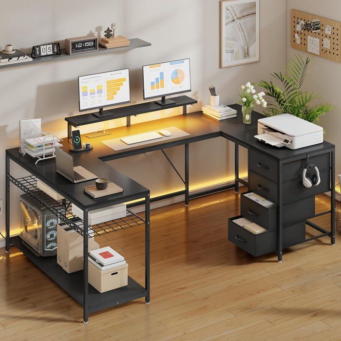 158cm Bureau dangle avec tiroirs Prises LED Reversible NoirBureau gaming 158x100cmLED RVB 7 couleurssupport ecran2 USB 2