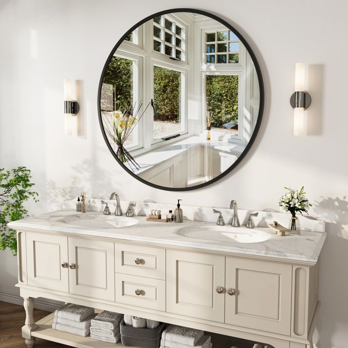 Miroir Mural Ø75cm Miroir Rond avec Cadre en Métal Miroir Décoratif Mobilier moderne Pour Salle de Bain Chambre Salon Noir
