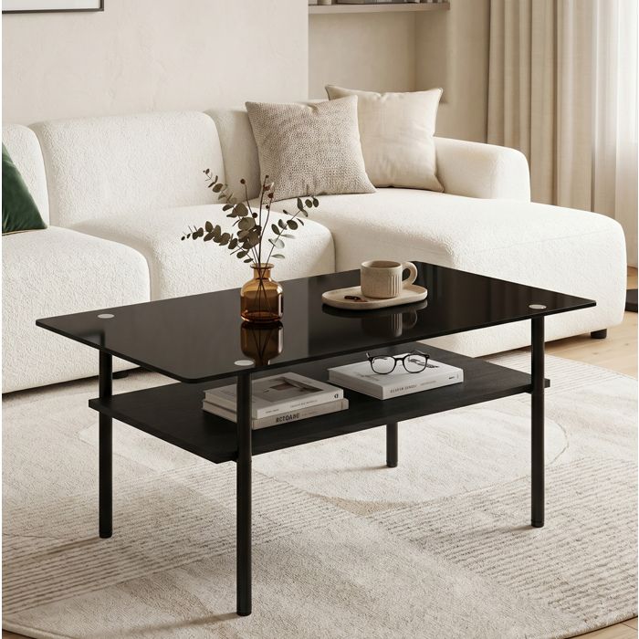Table basse rectangulaire verre noir 98 x 58 x 45 cm avec étagère MDF 2 niveaux structure métallique VEVXYN