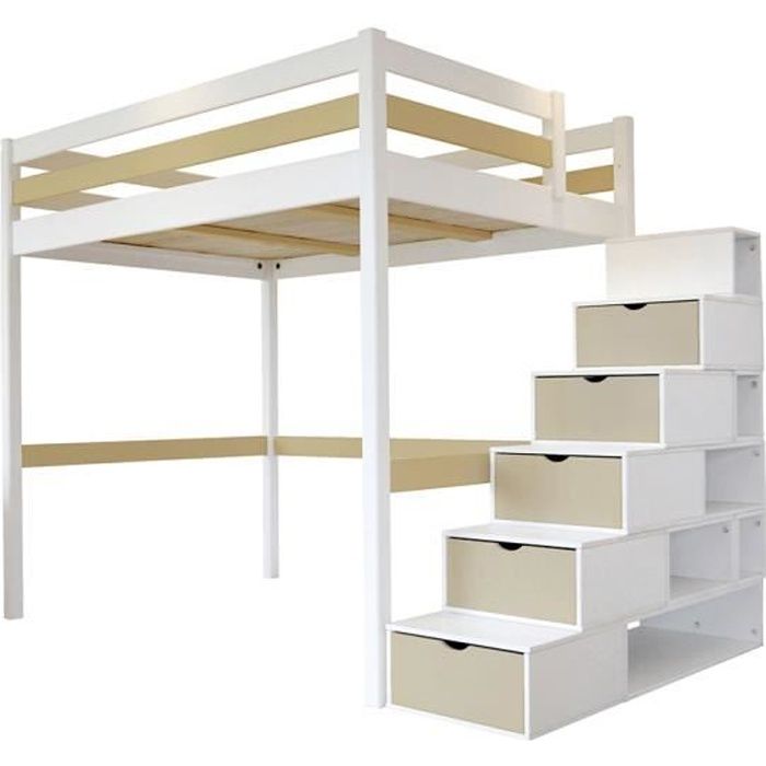 Lit Mezzanine Sylvia Avec Escalier Cube Bois Couleur Blanc Moka Dimensions 160x200 Achat Vente Lit Mezzanine Lit Mezzanine Sylvia Avec E Soldes Cdiscount