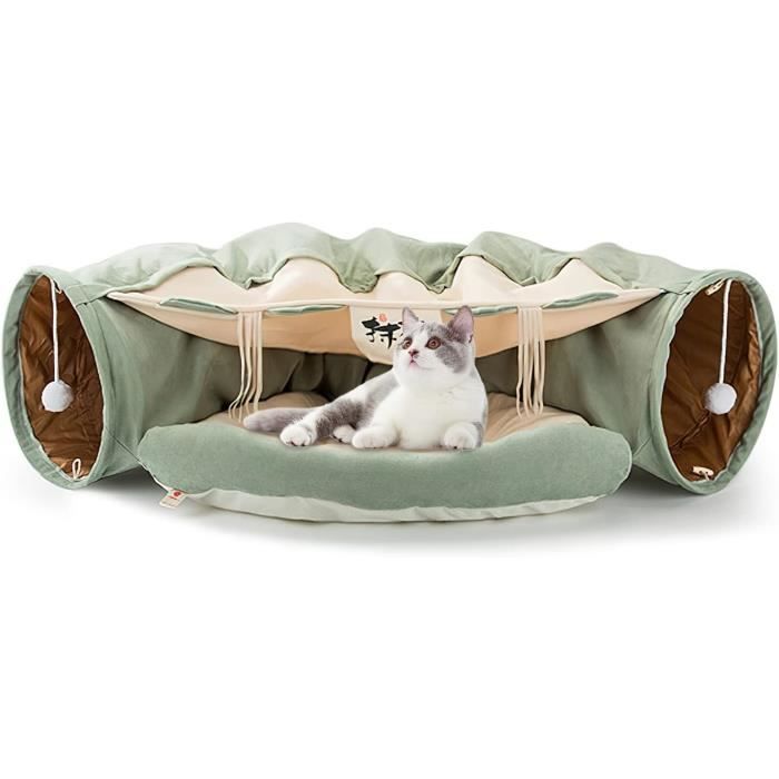 Lit pour Chat,Tunnel pour Chat avec Tapis,Lit Grotte pour Chat avec 2 Boules à Gratter Suspendues pour Chats d'Intérieur(Vert Clair)