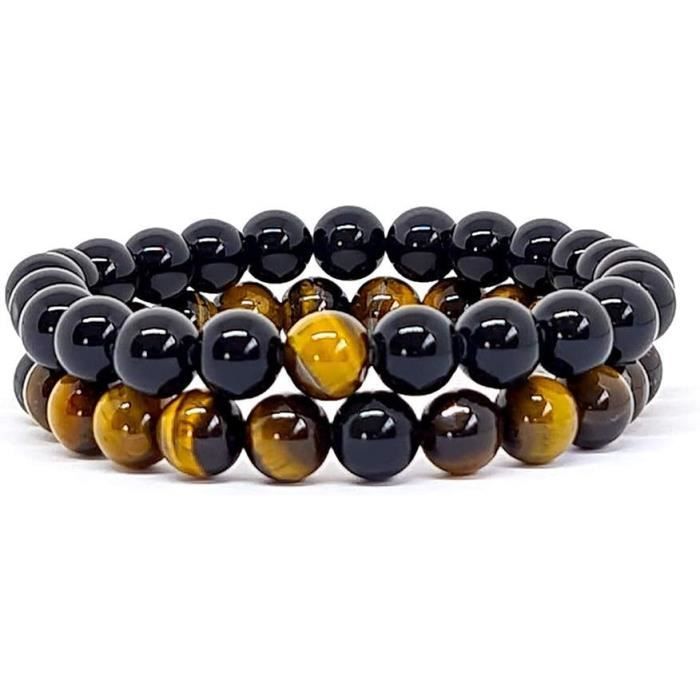 Lot De 2 Bracelets Pierres Naturelles - Œil De Tigre, Tourmaline Noire, Hématite - Triple Protection énergie - Pour Hommes Et Femmes, Yoga, Méditation